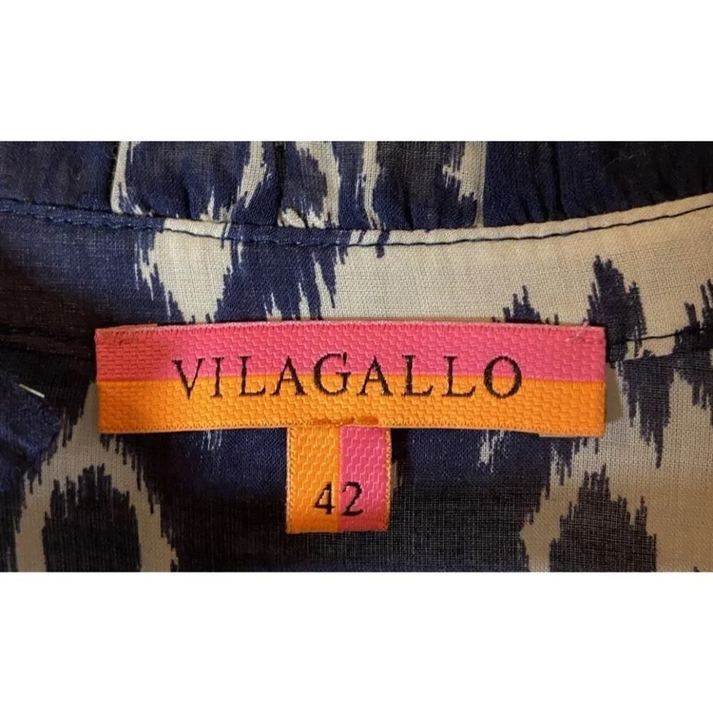 Vilagallo Tammy Ikat Midi Dress Tiered Puff Sleeves Navy Pink Orange 42 L - Picture 4 of 7